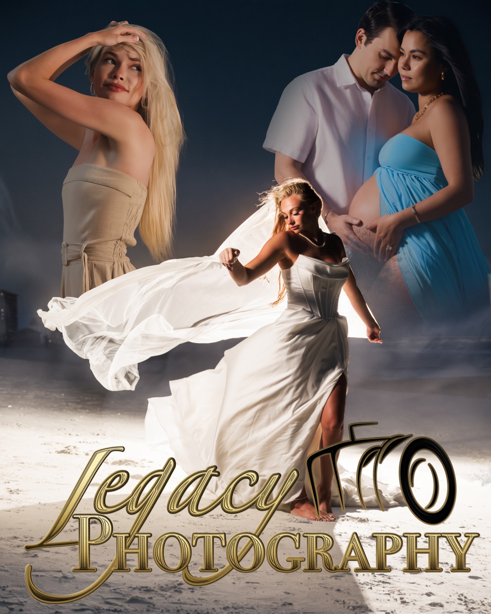 Legacy Photography portrait montage featuring senior, maternity, couples, and bridal work